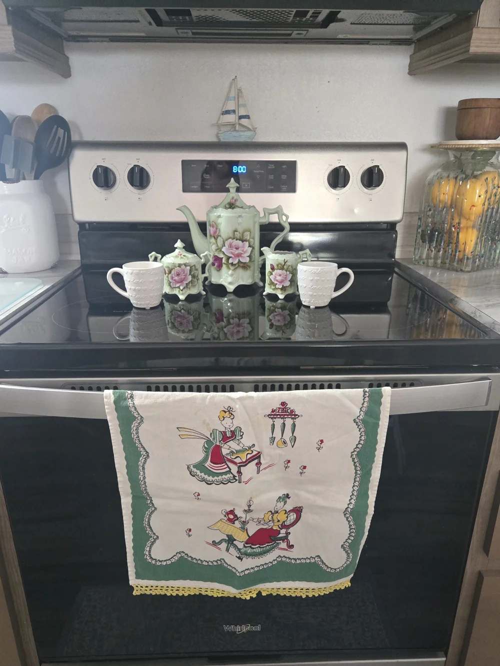 Vintage Lefton Green Heritage Porcelain Tea Set with Handpainted Pink Roses